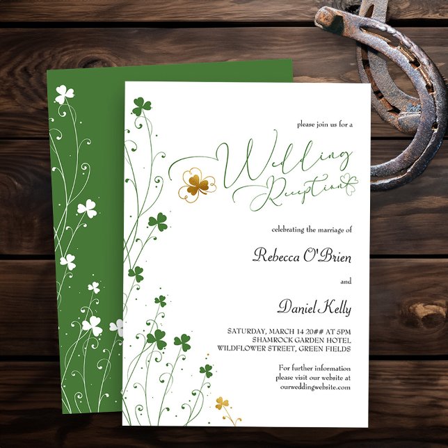Shamrock Wildflower Green Gold Wedding Reception Invitation (Wedding Reception invitation from my Shamrock Wildflower wedding collection)