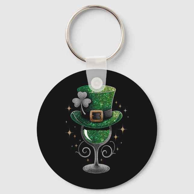 Shamrock Wine Gles Drinking St Patricks Day Irish  Keychain (Front)