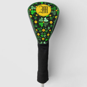 Shamrocks and Gold Coins On Black to Personalize Golf Head Cover