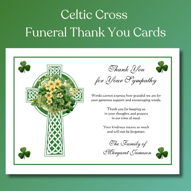 Shamrocks Catholic Irish Celtic Cross Condolence  Thank You Card (Creator Uploaded)
