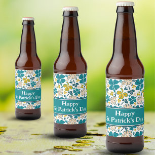 Shamrocks Clover Green St. Patrick`s Day Pattern  Beer Bottle Label