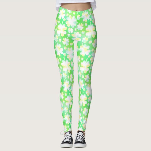 Shamrocks Clovers Cute Green Irish St Patricks Day Leggings (Front)