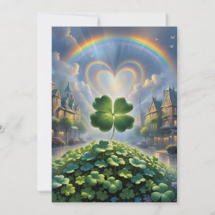 Shamrocks in a village with a rainbow in the sky holiday card