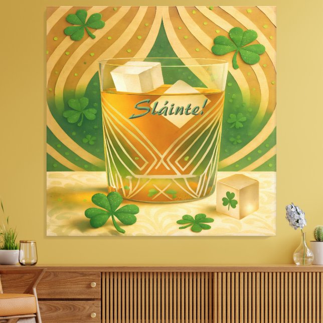 Shamrocks Irish Whiskey Tumbler "Sláinte!" Canvas Print (Insitu(LivingRoom))