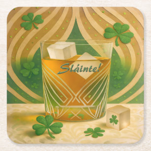 Shamrocks Irish Whiskey Tumbler "Sláinte!" Square Paper Coaster