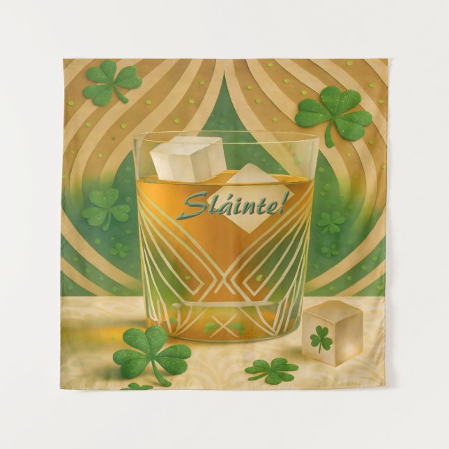 Shamrocks Irish Whiskey Tumbler "Sláinte!" Tapestry (Front)
