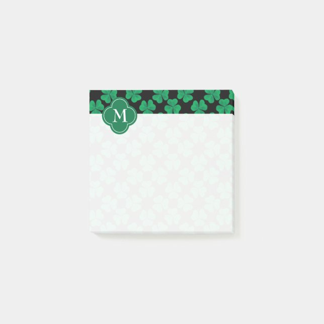Shamrocks on Black Monogrammed Initial 3x3 Post-it Notes (Front)