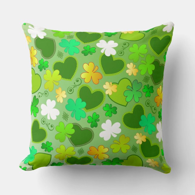 Shamrocks & St. Patrick's Day Hearts Throw Pillow (Front)