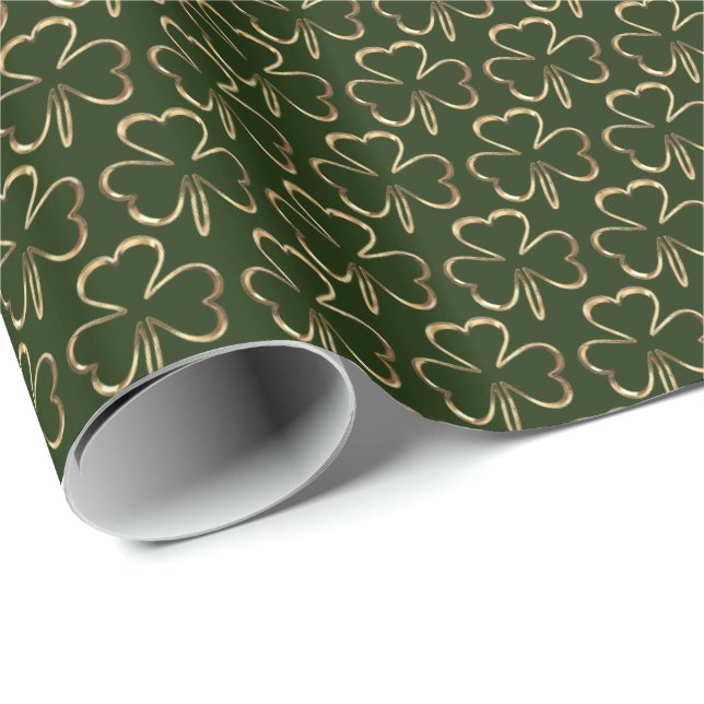 Shamrocks Three Leaf Clovers Pattern Green Wrapping Paper (Roll Corner)