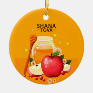 Shana Tova Apples & Honey Illustration Modern  Ceramic Ornament