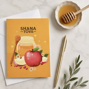 Shana Tova Apples & Honey Illustration Modern Holiday Card