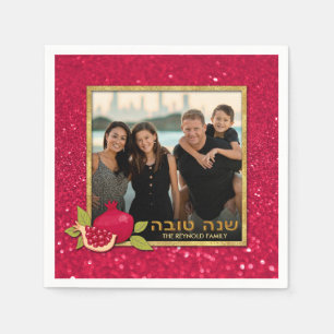 Shana Tova Gold Red Glitter Photo Pomegranate Napkin