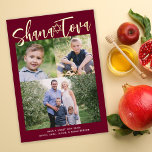 Shana Tova Rosh Hashana Jewish Holiday Photo Foil<br><div class="desc">This Rosh Hashanah holiday photo card features a deep burgundy red colour background and the greeting "Shana Tova" in gold foil. This design accommodates three photos, one horizontal and two square photo. On the back you will find a coordinating tan background. Further customize this design by adding another photo and/or...</div>