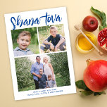Shana Tova Rosh Hashanah Multi-Photo Holiday Photo Card<br><div class="desc">This modern Rosh Hashanah photo card features a simple white background with modern calligraphy script in blue. The greeting on the front says "Shana Tova". It accommodates three photos (two square and one horizontal). On the back there is a coordinating blue background which can be removed or customized. Design Tip:...</div>