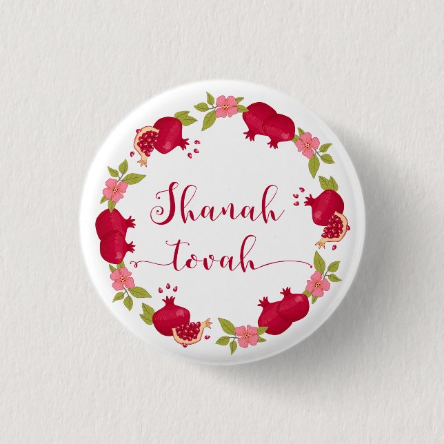 Shanah Tovah New Year Pomegranate Flower Wreath 1 Inch Round Button (Front)