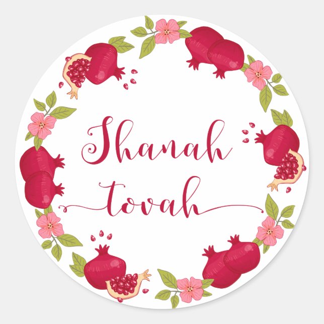 Shanah Tovah New Year Pomegranate Flower Wreath Classic Round Sticker (Front)