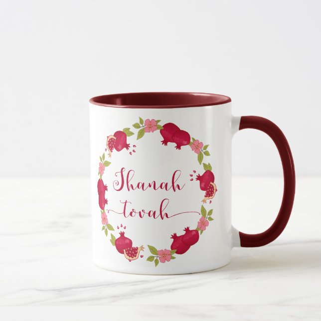 Shanah Tovah New Year Pomegranate Flower Wreath Mug (Right)