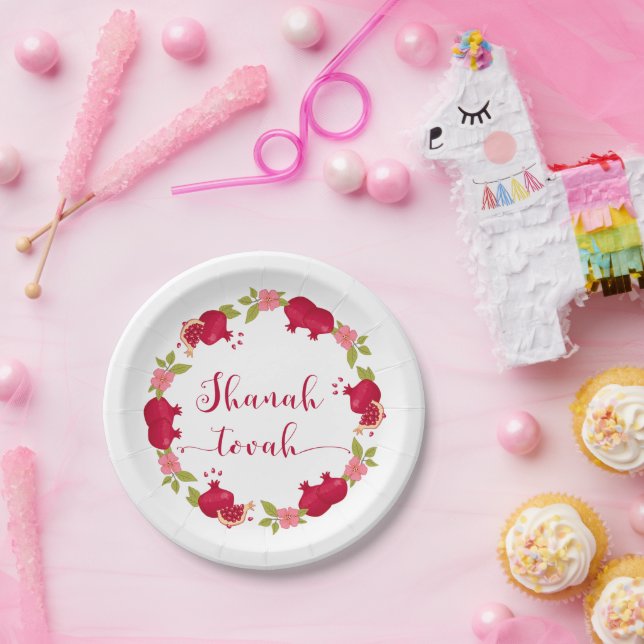 Shanah Tovah New Year Pomegranate Flower Wreath Paper Plate (Party)