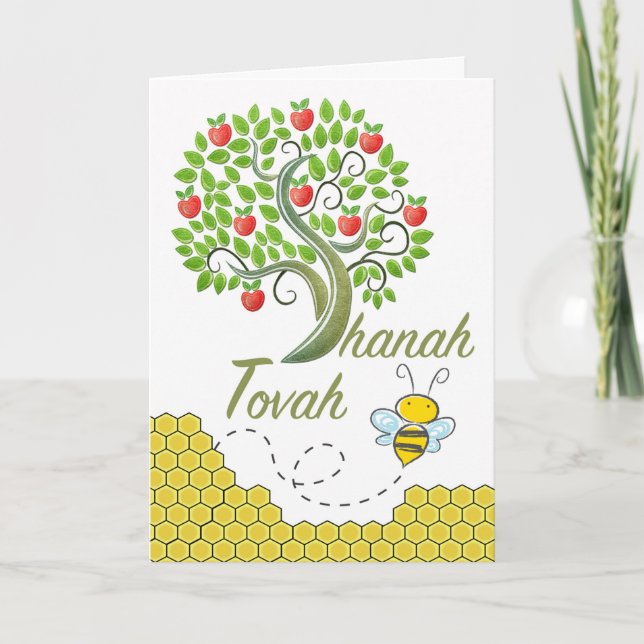 Shanah Tovah, Rosh Hashanah, Apple Tree, Honey Bee Card (Front)