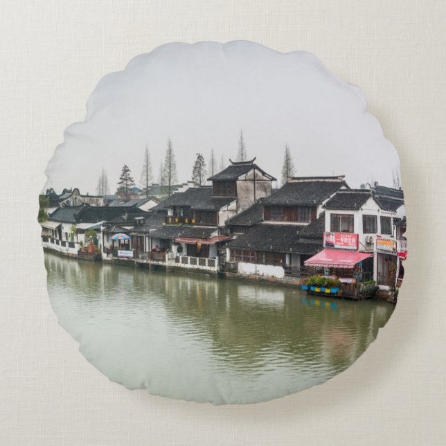 Shanghai, China, Mar 30, 2017, Wooden historic bui Round Pillow (Front)