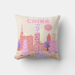 Shanghai China Pastel Travel Art Throw Pillow