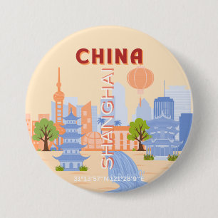 Shanghai China Retro Pastel Travel Art 3 Inch Round Button
