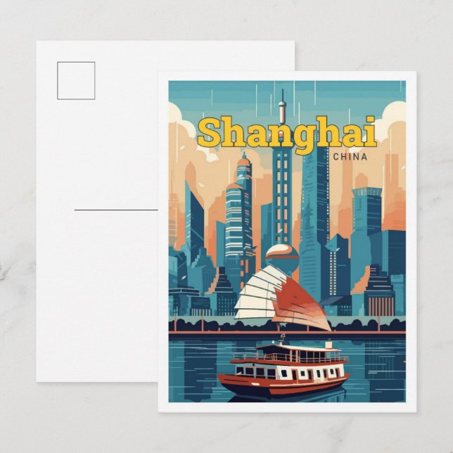 Shanghai China Travel Art Vintage Illustration Postcard (Front/Back)