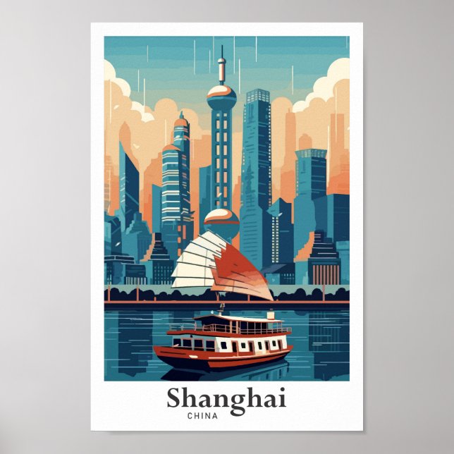 Shanghai China Travel Art Vintage Illustration Poster (Front)