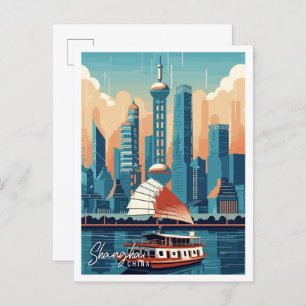 Shanghai China vintage travel illustration Postcard