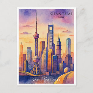 Shanghai China Watercolor Save the Date Postcard