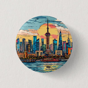 Shanghai city Waterfront Skyline at Sunset 1 Inch Round Button