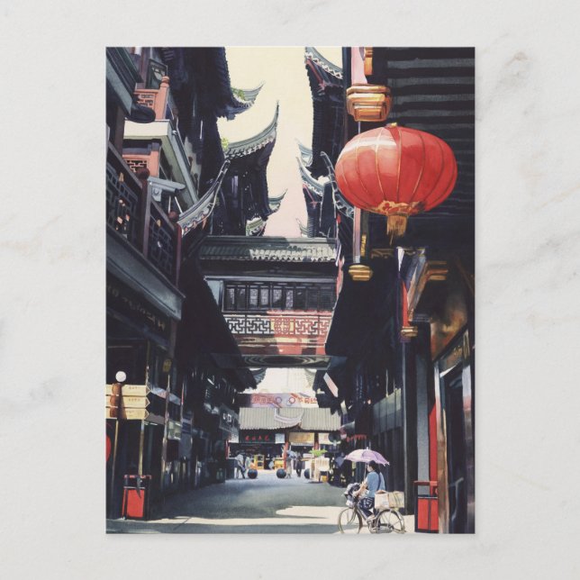 "Shanghai Market" China Watercolor Postcard (Front)