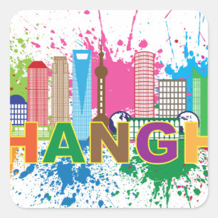 Shanghai Skyline Paint Splatter Illustration Square Sticker