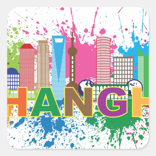 Shanghai Skyline Paint Splatter Illustration Square Sticker (Front)