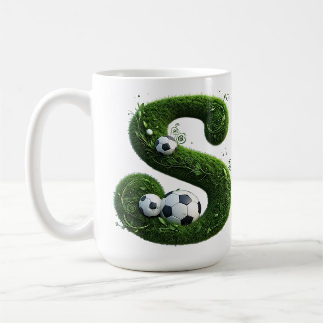 Shaped Grass Letter With Soccer Balls Coffee Mug (Left)