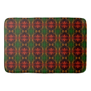 Shapes of "red strokes float" on green background bath mat