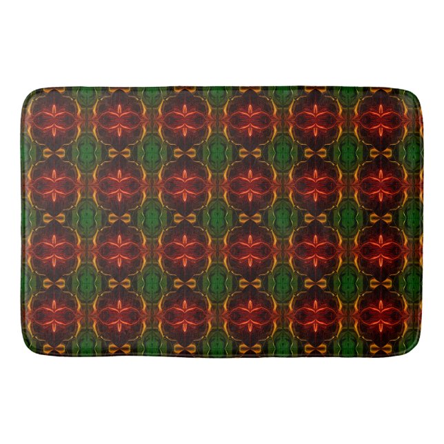 Shapes of "red strokes float" on green background bath mat (Front)