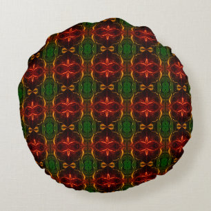 Shapes of "red strokes float" on green background round pillow