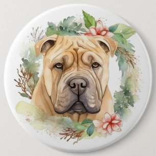 Shar Pei Christmas Wreath Festive Pup  6 Inch Round Button