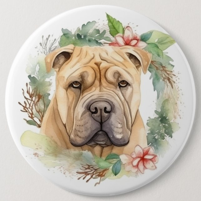 Shar Pei Christmas Wreath Festive Pup  6 Inch Round Button (Front)