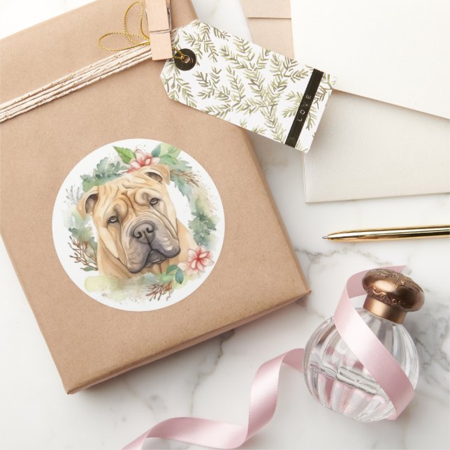 Shar Pei Christmas Wreath Festive Pup  Classic Round Sticker (Gifting)