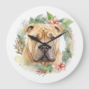 Shar Pei Christmas Wreath Festive Pup  Large Clock