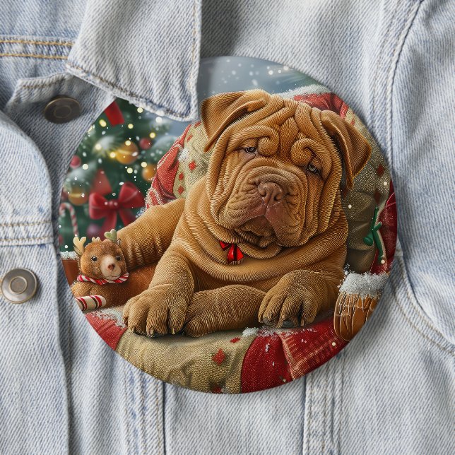 Shar Pei Dog Christmas Festive 6 Inch Round Button (In Situ)