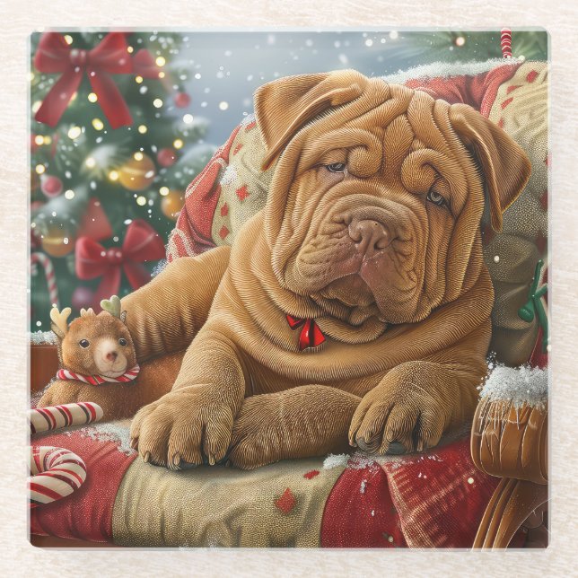 Shar Pei Dog Christmas Festive Glass Coaster (Front)