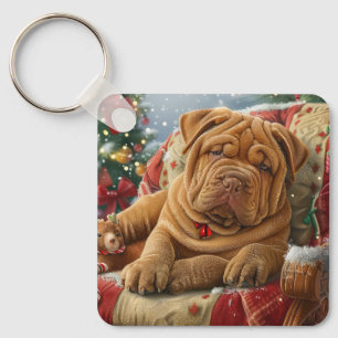 Shar Pei Dog Christmas Festive Keychain