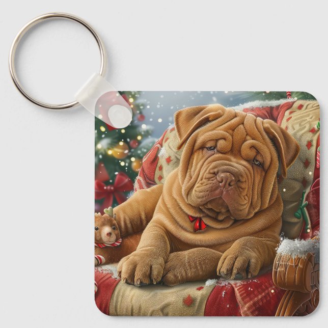 Shar Pei Dog Christmas Festive Keychain (Front)