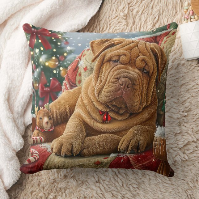 Shar Pei Dog Christmas Festive Throw Pillow (Blanket)
