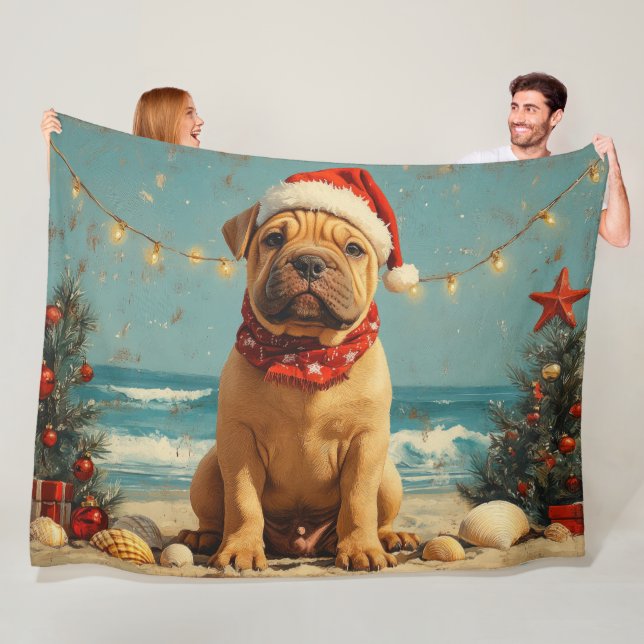 Shar Pei Dog Christmas Vintage Beach Fleece Blanket (In Situ)