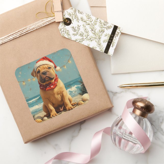 Shar Pei Dog Christmas Vintage Beach Square Sticker (Gifting)