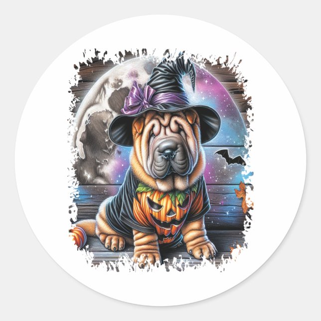 Shar Pei Dog Halloween Square Classic Round Sticker (Front)